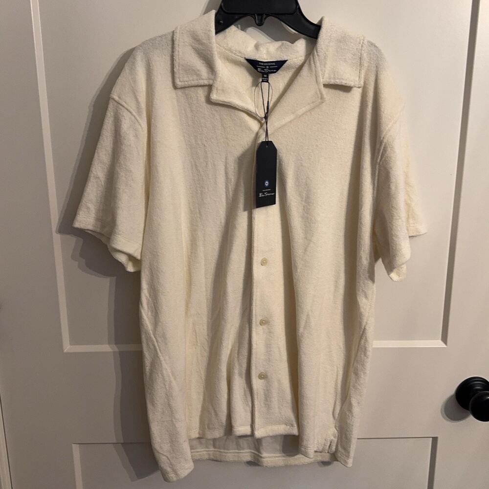 Ben Sherman Shirt Sz M Cream Terry Knit Short Sleeve Button Casual Resort Vaca